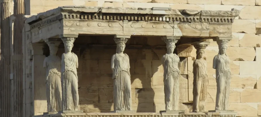 Close-up of the six female Caryatids at the Erechtheion on the Acropolis of Athens in Greece