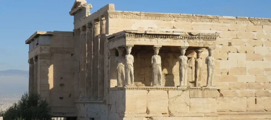 The six female Caryatids at the Erechtheion on the Acropolis of Athens in Greece