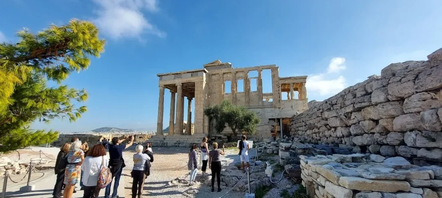 The West side of the Erechtheion on the Acropolis of Athens Greece. Five of female Caryatids can be seen to the right.