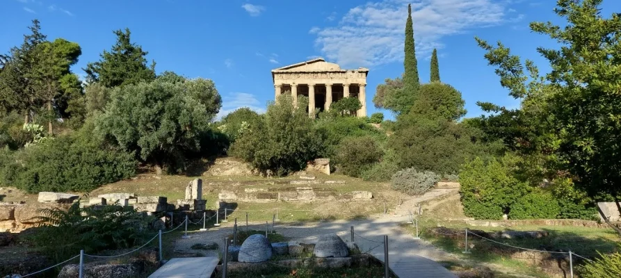 Front view of the Temple of Hephaestus in the Ancient Agora of Athens