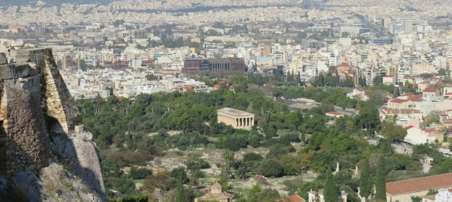 The Temple of Hephaestus in the Ancient Agora of Athens as viewed from the Acropolis of Athens