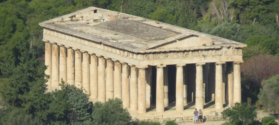 Zoomed-in view of the Temple of Hephaestus in the Ancient Agora of Athens as viewed from the Acropolis of Athens