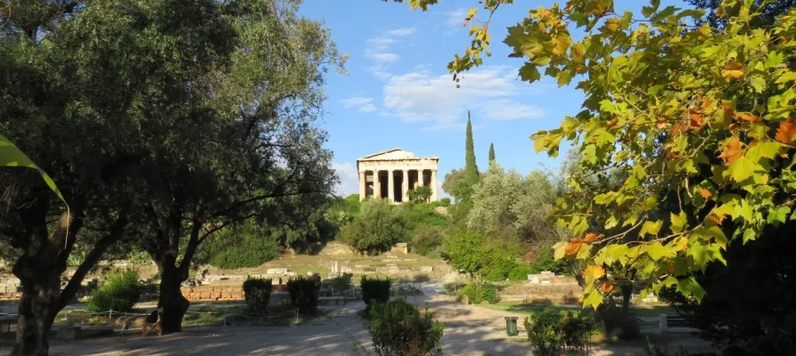 Front view of the Temple of Hephaestus in the Ancient Agora of Athens