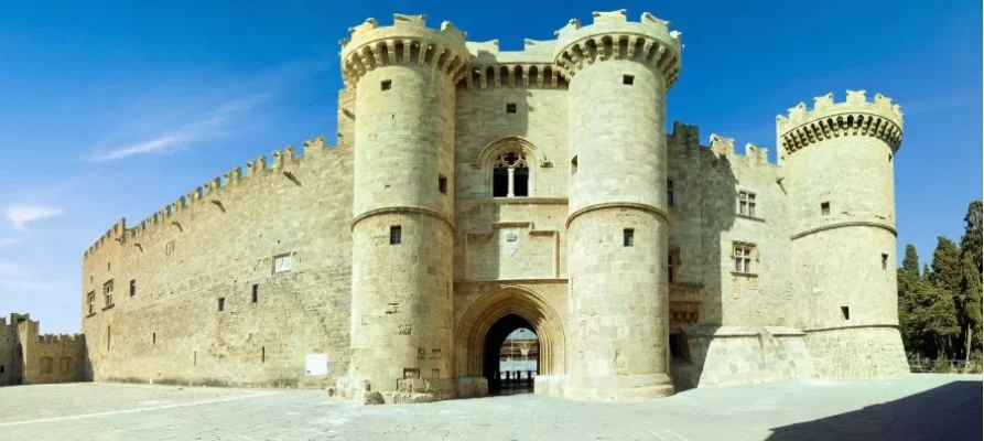 Looking at the front of the Palace of Grand Master Rhodes showing the entrance and three towers.