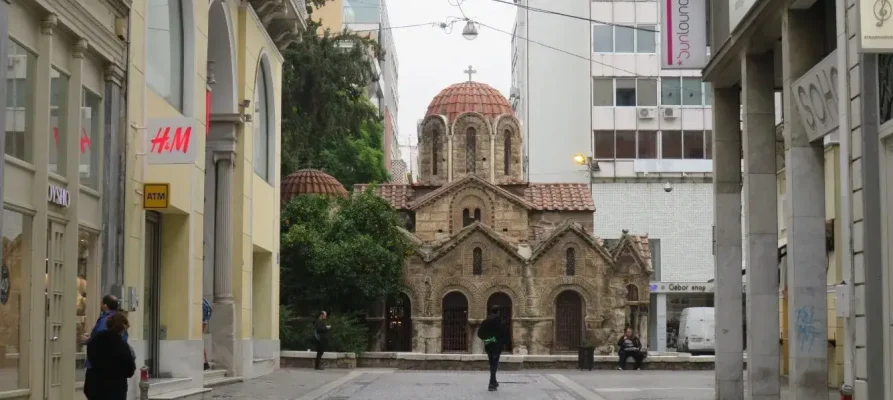 The Church of Panagia Kapnikarea in Athens as viewed from Ermou Street