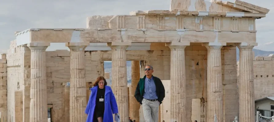 The 44th President of the United States Barack Obama standing in front of the Parthenon on the Acropolis of Athens in 2016