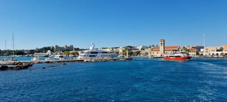 Sailing out of Mandraki Harbour, also known as Mandraki Marina and Port