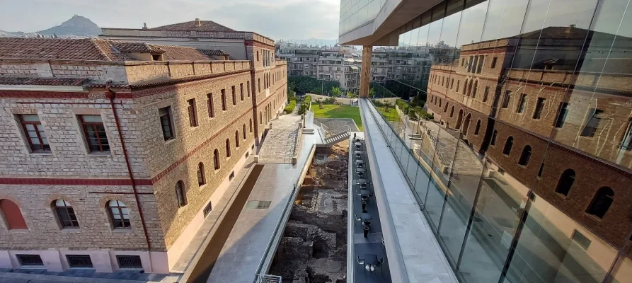 View from the second floor outside the Acropolis Museum of Athens with Lycabaettus Hill in the background on the left