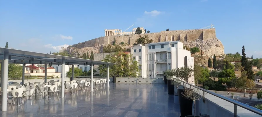 The Acropolis of Athens as viewed from outside the cafe and restaurant on the second floor at the Acropolis Museum