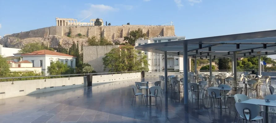 The Acropolis of Athens as viewed from outside the cafe and restaurant on the second floor at the Acropolis Museum