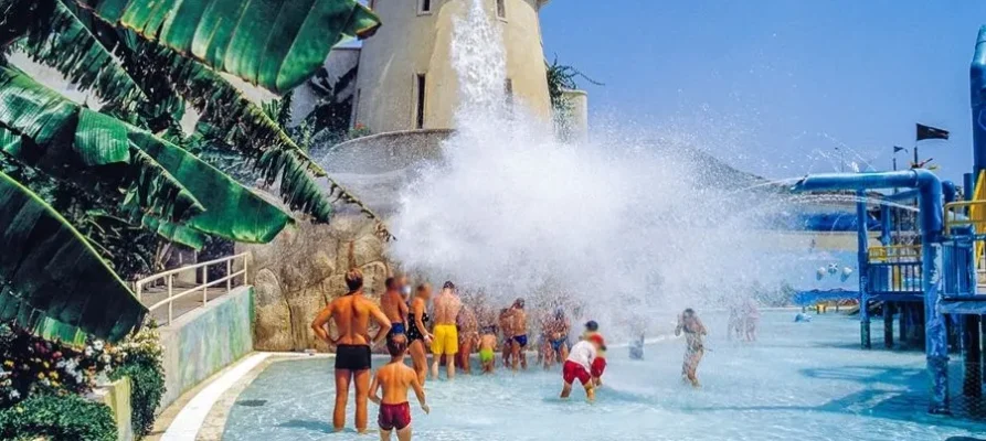 Spash-down tower showing the water puring down on bathers at the Rhodes Waterpark Faliraki