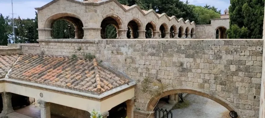 The courtyard and showing nine archways at the Filerimos Monastery on the Greek island of Rhodes in the Dodecanese