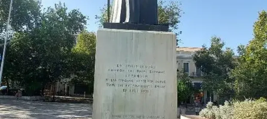 The statue of the archbishop damaskinos at the Metropolitan Cathedral of Athens