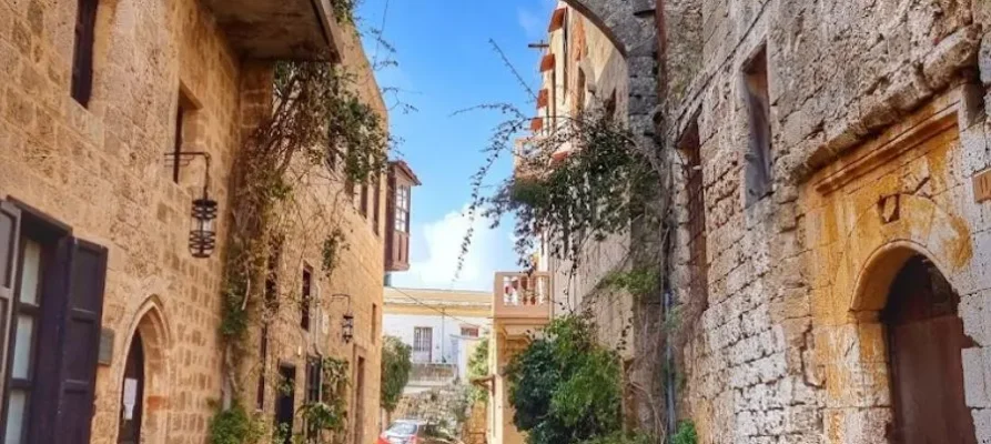 Looking down one of the streets in the The square courtyard in the centre of the Medieval City of Rhodes