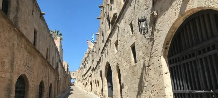 Looking down one of the streets in the The square courtyard in the centre of the Medieval City of Rhodes