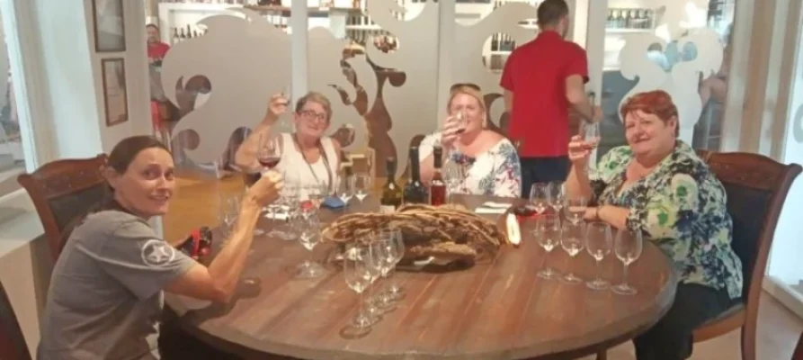 Five people sat at the table tasting wine. Seen as part of the Santorini: 5-Hour Foodie and Drinks Tour with Local Guide