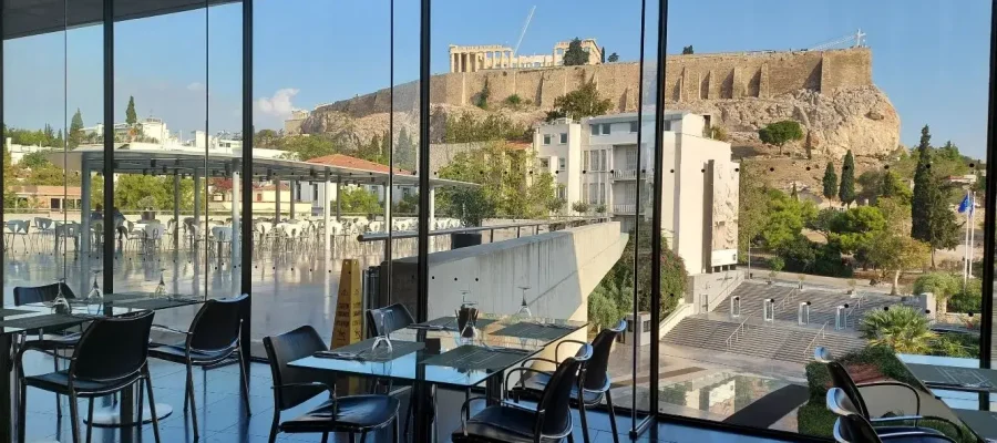 View of the Acropolis of Athens from the cafe and restaurant at the Acropolis Museum in Athens