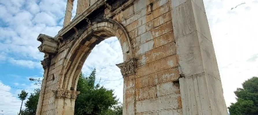 Right-side view of the Arch of Hadrian in Athens