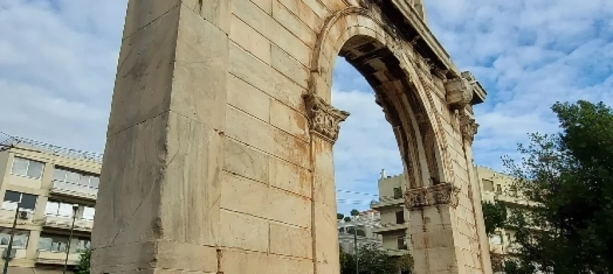 Left-side view of the Arch of Hadrian in Athens