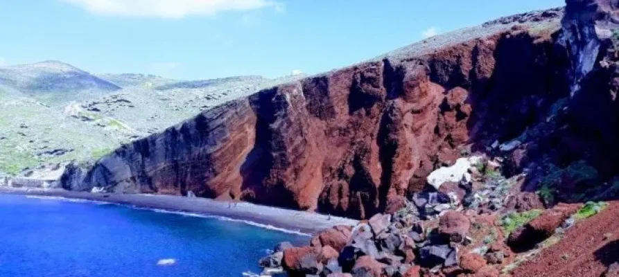 The famous Red beack on Santorini. The domed churches and blue and white house of Santorini. Seen As part of the Santorini: 6-hour Classic Panorama Private Tour