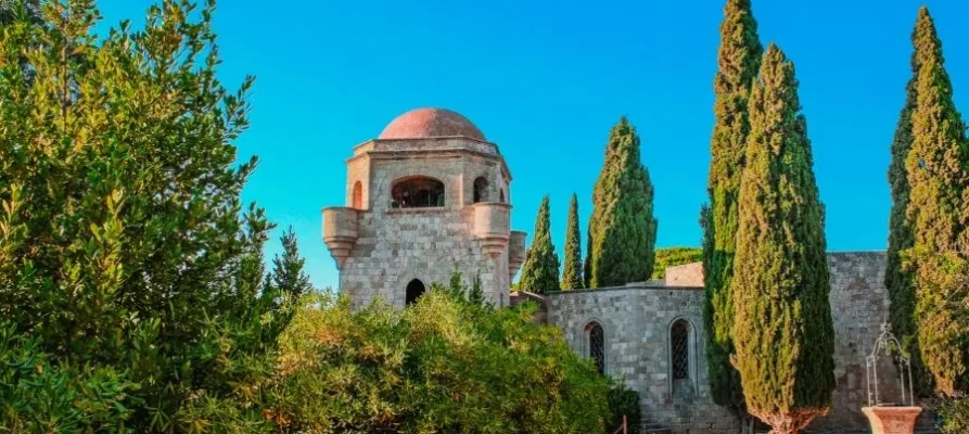 The domed tower at the Filerimos Monastery on the Greek island of Rhodes in the Dodecanese