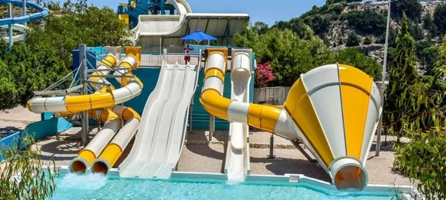 Various coloured slides and tubes at the Rhodes Waterpark Faliraki