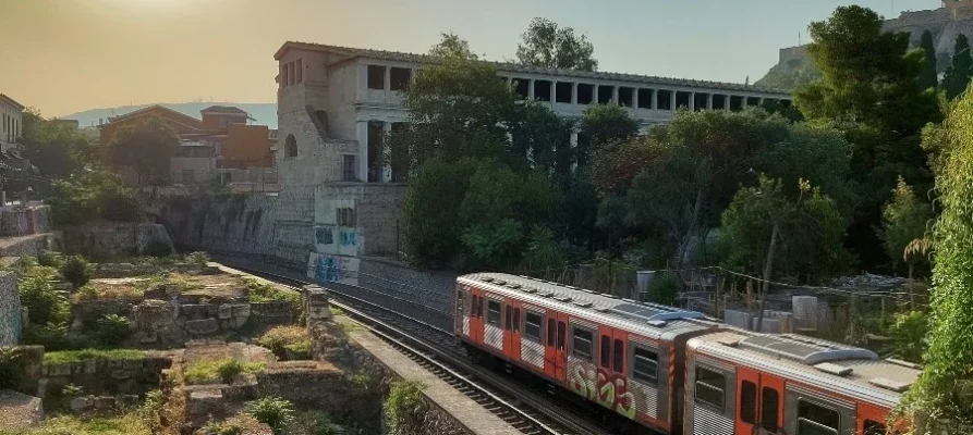 The Stoa of Attalos in the Ancient Agora of Athens as viewed from just outside the entrance to the Agora