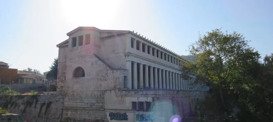 The Stoa of Attalos as seen from Antica Restaurant and Cafe on Adrianou 25, Athens