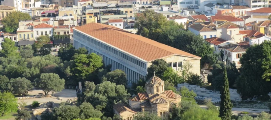 zoomed-in view of the Stoa of Attalos in the Ancient AGora of Athens as viewed from Areopagus Hill in Athens