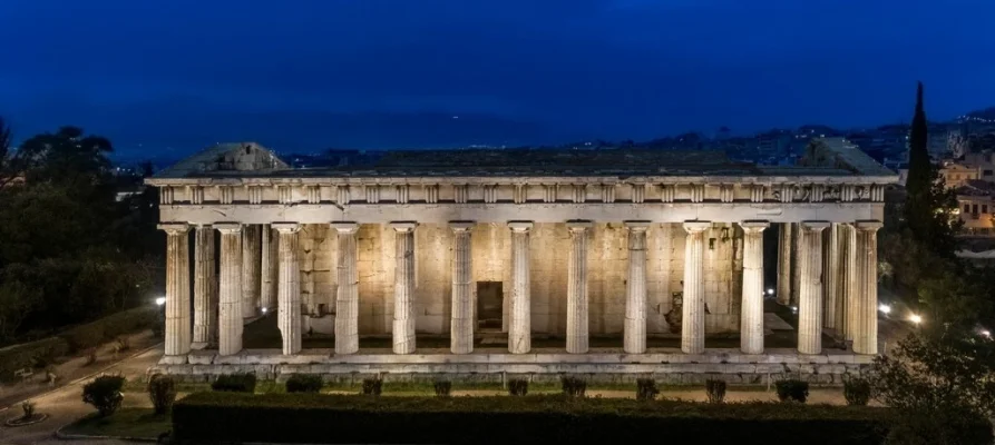 Night time view of the Temple of Hephaestus in the Ancient Agora of Athens