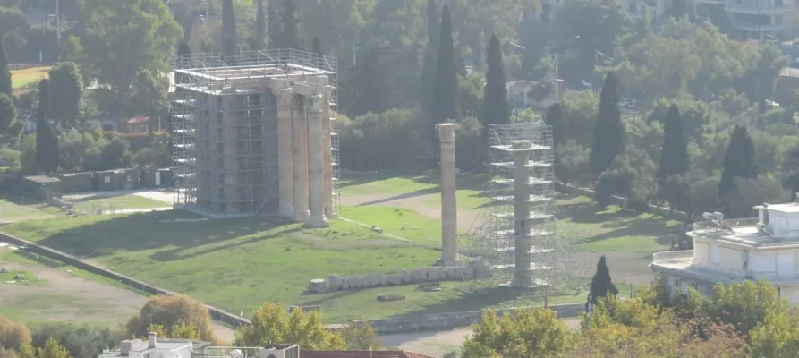 Looking down onto the Temple of Olympian Zeus in Athens from the Acropolis of Athens