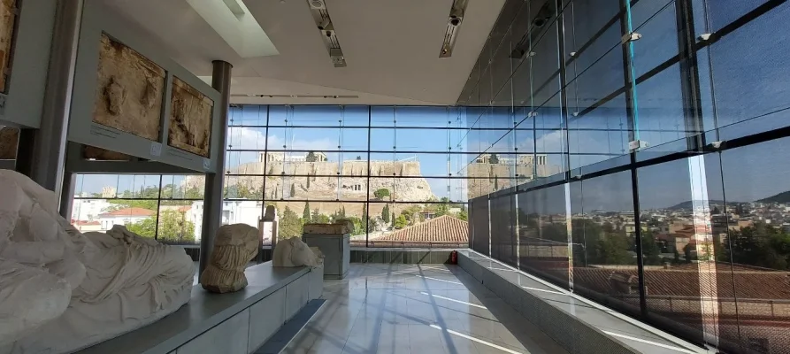 The Acropolis of Athens as seen from inside the Acropolis Museum on the third floor