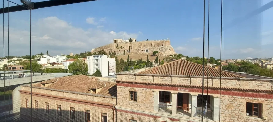 The Acropolis of Athens as seen from inside the Acropolis Museum on the third floor