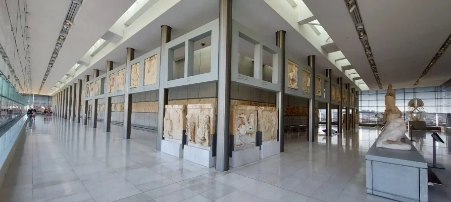 Back and long side of the pediments of the Parthenon at the Acropolis Museum in Athens