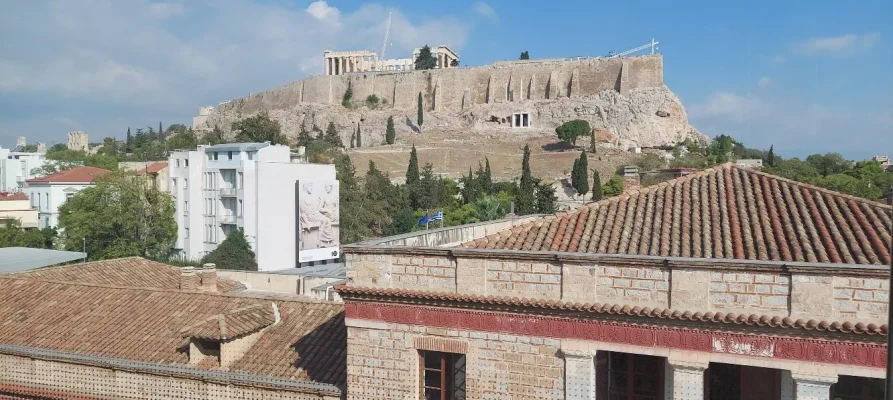 The Acropolis of Athens as seen from inside the Acropolis Museum on the third floor