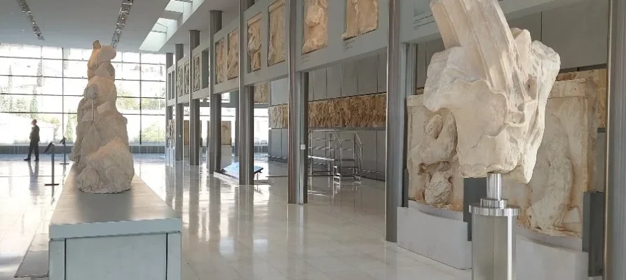 Front side of the pediments and statues of the Parthenon at the Acropolis Museum in Athens