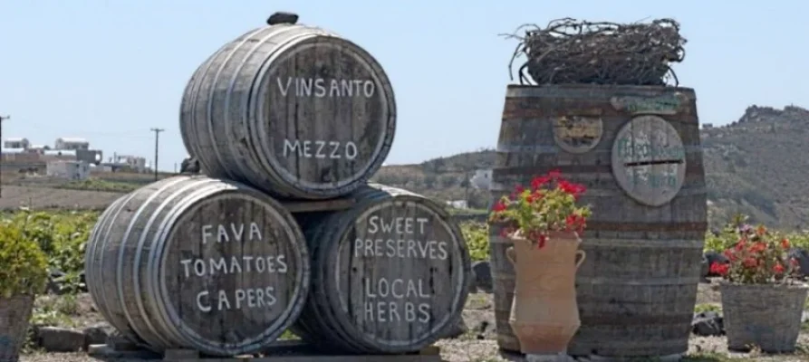 Three barrels of wine outside. Seen as part of the Santorini: 5-Hour Foodie and Drinks Tour with Local Guide