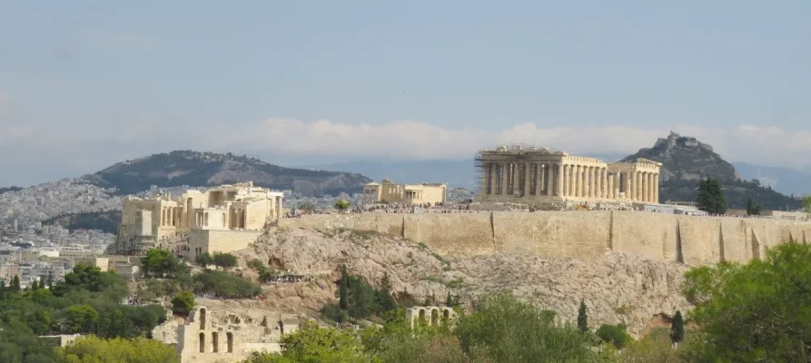 Close-up of the Acropolis of Athens, Greece as viewed from Filopappou Hill (Philopappos Hill)