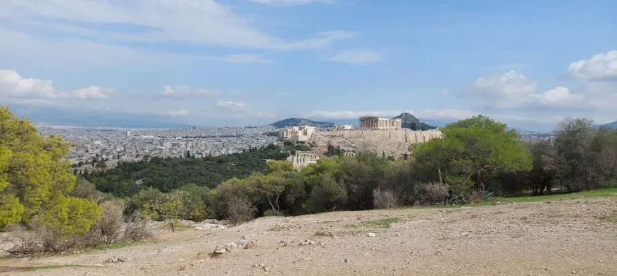 Close-up of the Acropolis of Athens as viewed from Filopappou Hill (Philopappos Hill)