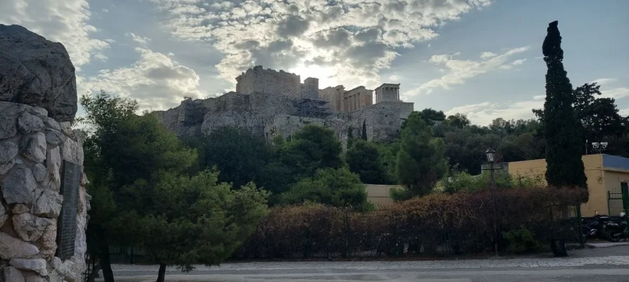 The Acropolis of Athens as viewed from the stairway to Areopagus Hill