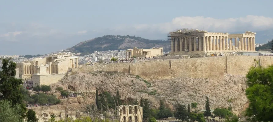 Close-up of the Acropolis of Athens as viewed from Filopappou Hill (Philopappos Hill)