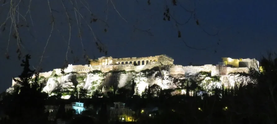 Night-time photo of the Acropolis of Athens