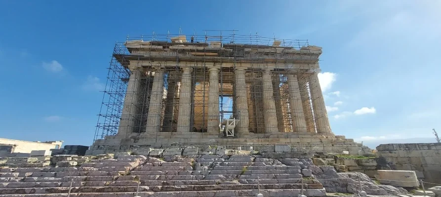 West side view of the Parthenon on the Acropolis of Athens looking up the steps