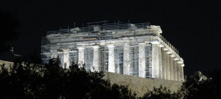 Night time West and South side view of the Parthenon on the Acropolis of Athens