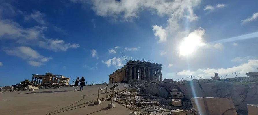 West and North side view of the Parthenon on the Acropolis of Athens'. The Erechtheion is also visible on the left