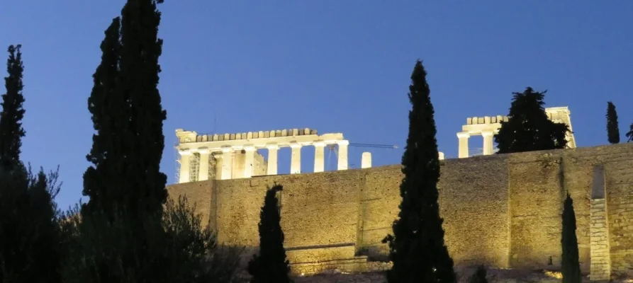 Night time South side view of the Parthenon on the Acropolis of Athens