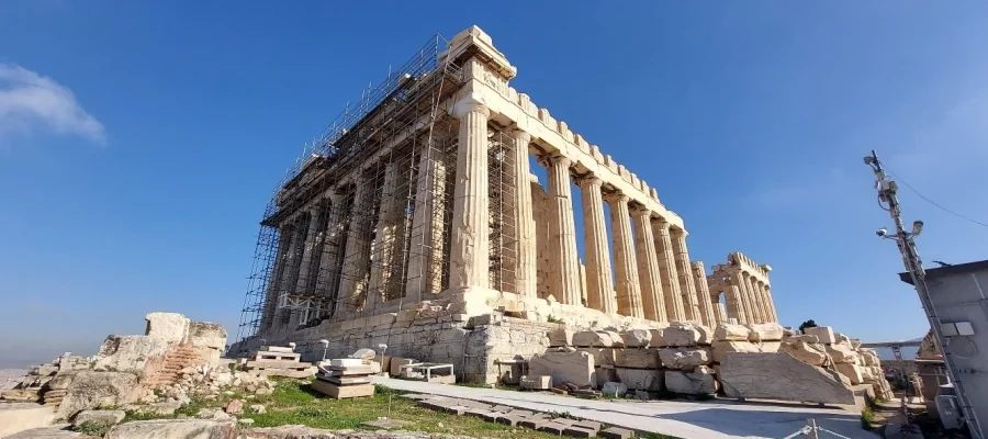 West and South side view of the Parthenon on the Acropolis of Athens