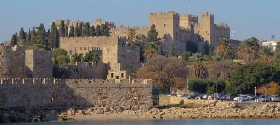 On the Greek island of Rhodes in the Dodecanese, viewing the Grand Master Palace Rhodes from the sea