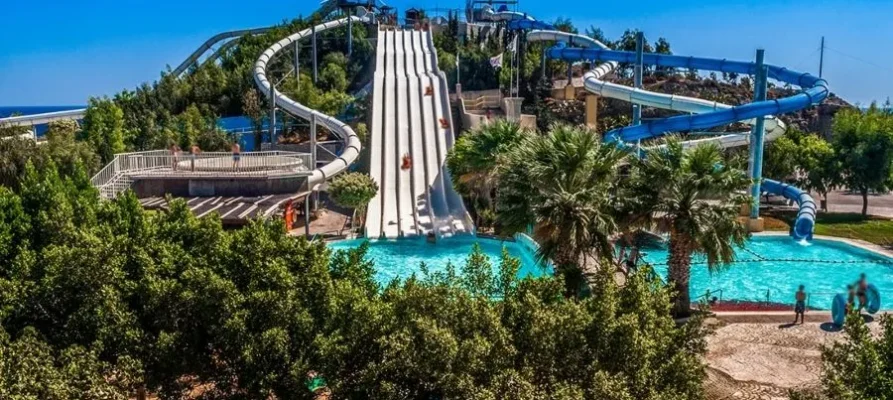 Various coloured slides and tubes at the Rhodes Waterpark Faliraki